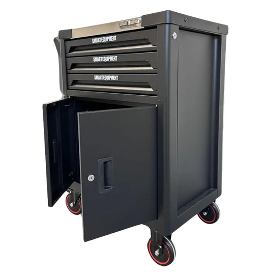 SMART EQUIPMENT mobilais instrumentu skapis ar 3/3+1 atvilktnēm — pilns profesionālais komplekts, 136 gab.
