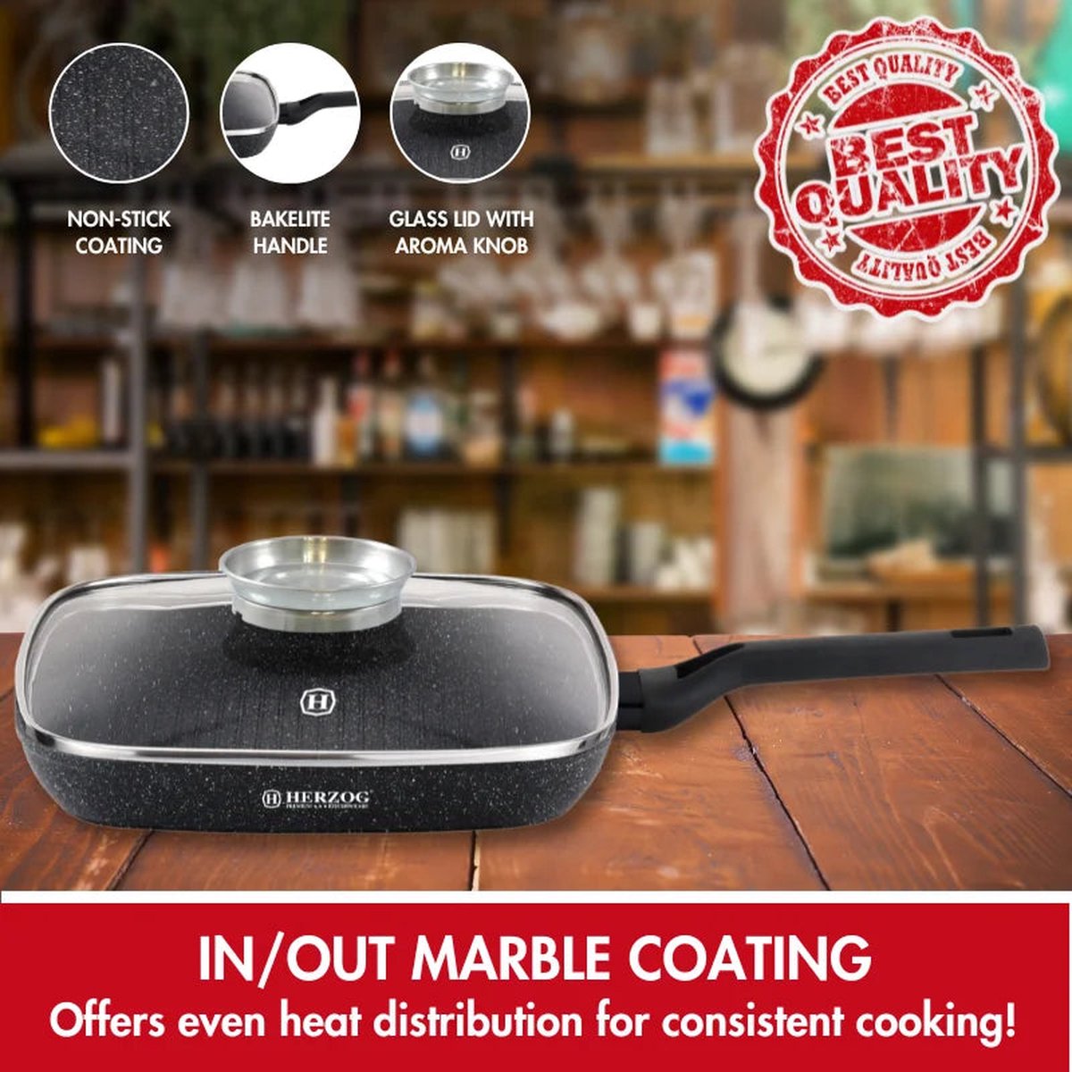 Herzog frying pan with features highlighted on a blurred kitchen background