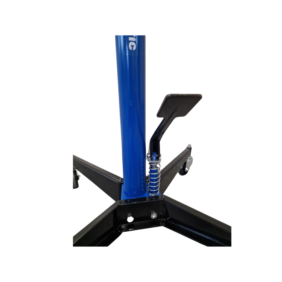 Blue and black hydraulic floor jack on a white background