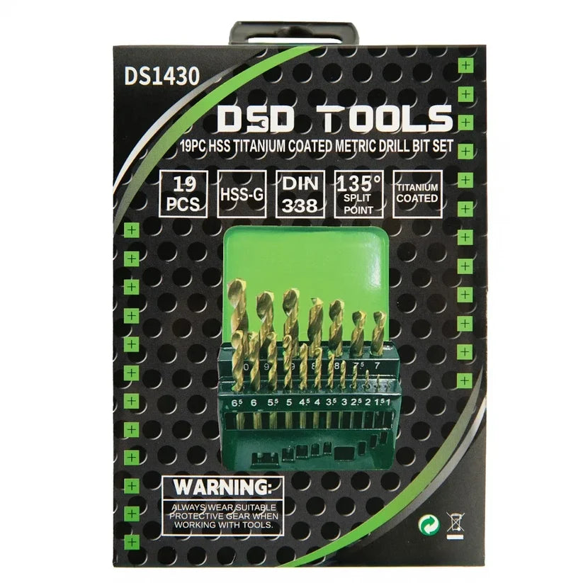 19 PCS. HSS TITANIUM COATED DRILL BIT SET 1 - 10 mm DS1430