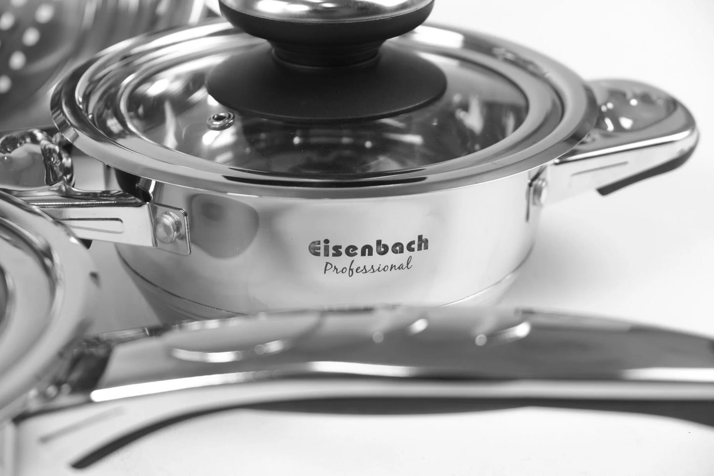 Stainless steel pot with lid featuring Eisenbach Professional branding on a white background