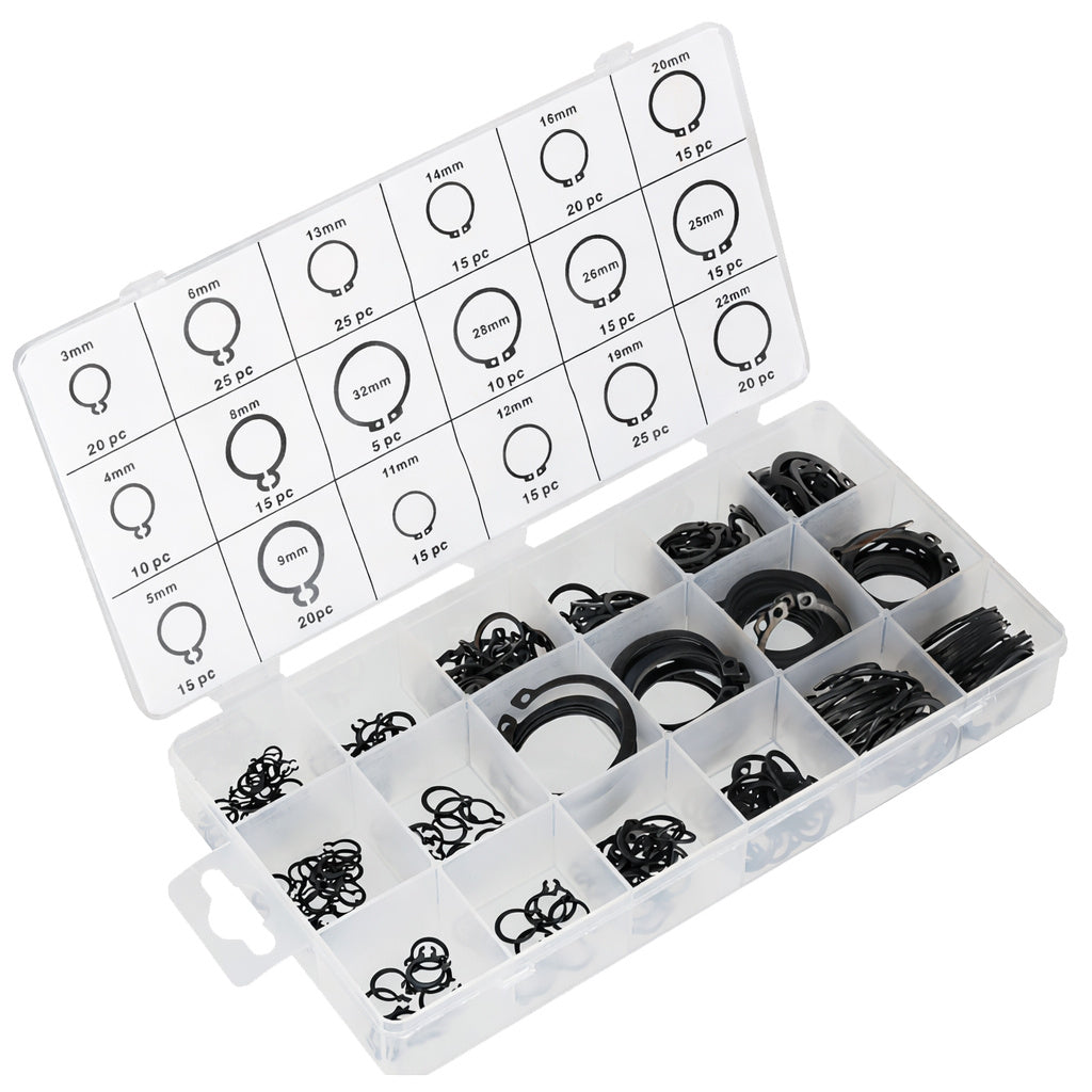 External Circlip Set – 300 pcs is a practical assortment of retaining rings designed for axial securing of shafts, pins, and rotating components