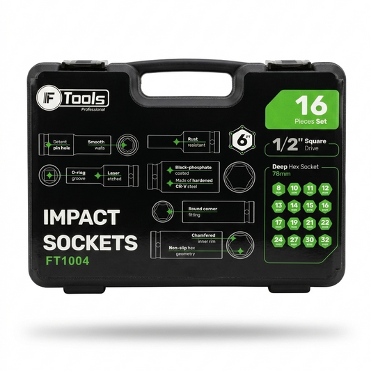 FTools FT1004 profesionālais triecienuzgriežņu atslēgu komplekts (16 daļas, 1/2 collas)