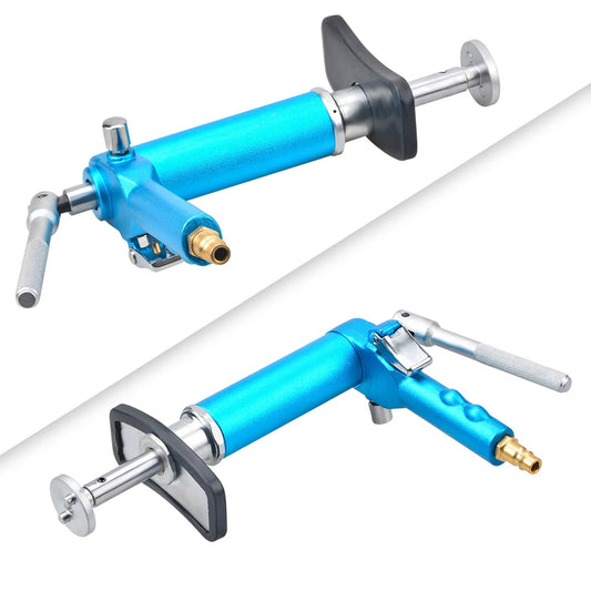 Blue and silver mechanical device on a white background