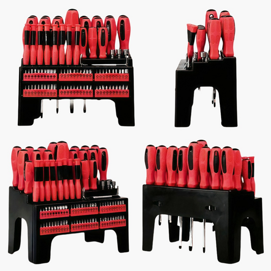 Set of red screwdrivers on black stands against a white background