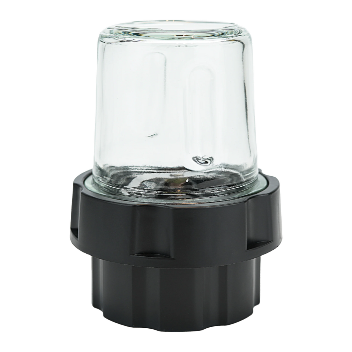 Glass coffee grinder with black base on a white background