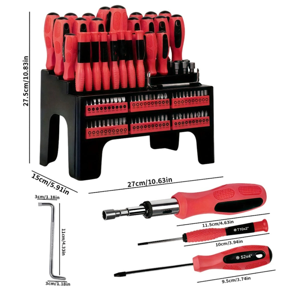 Set of red screwdrivers with a black holder, showing dimensions and examples on a white background.