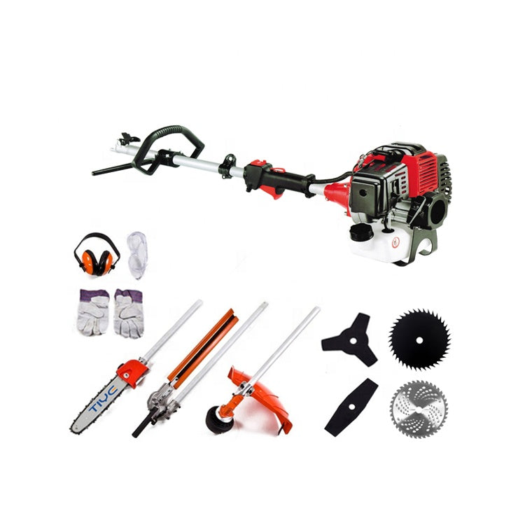 Gardening tool set with a brush cutter, accessories, and attachments on a white background