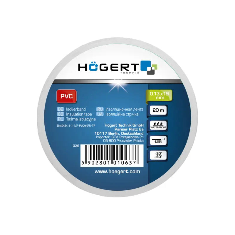 HOEGERT Izolācijas lente 0,13 x 19 mm x 20 m, balta