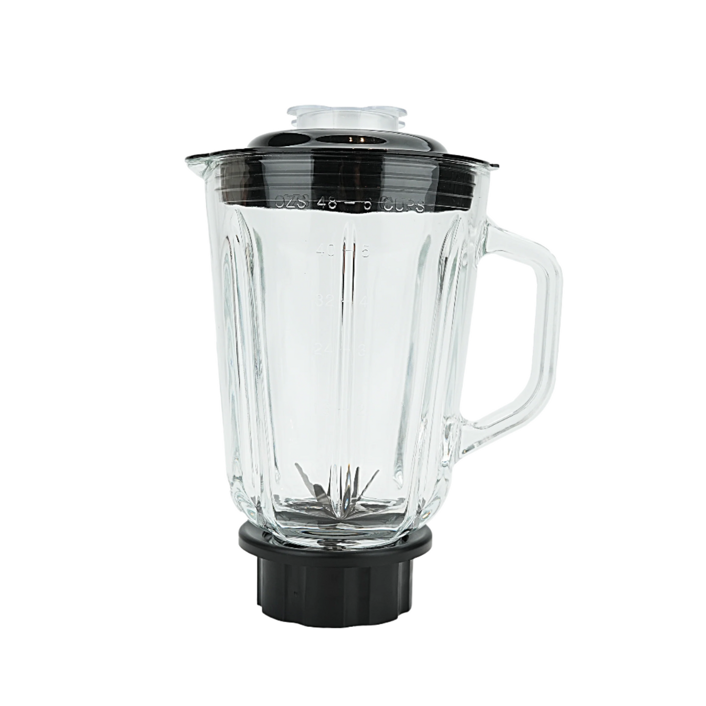 Clear blender jar with black base and lid on a white background