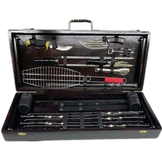 Premium BBQ and Grill Set in a Wooden Case-Table (Tiger)