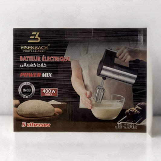 Eisenbach electric mixer packaging with a person using the mixer to mix dough.