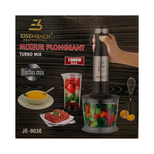 Eisenbach blender packaging with images of food and product on a dark background