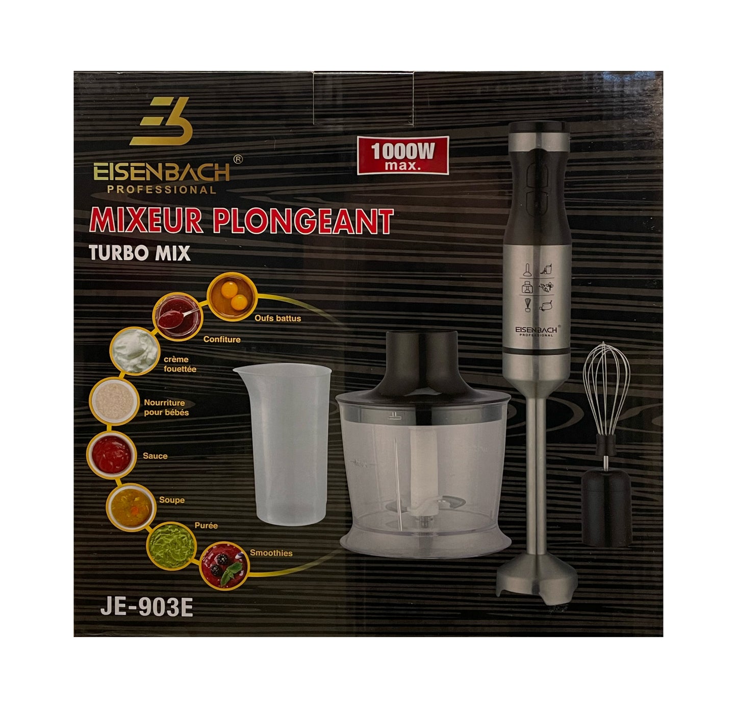 Eisenbach professional hand blender packaging with product and features on a dark background