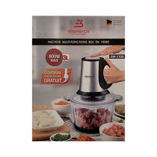 Eisenbach food processor packaging with text and images of the product in use.