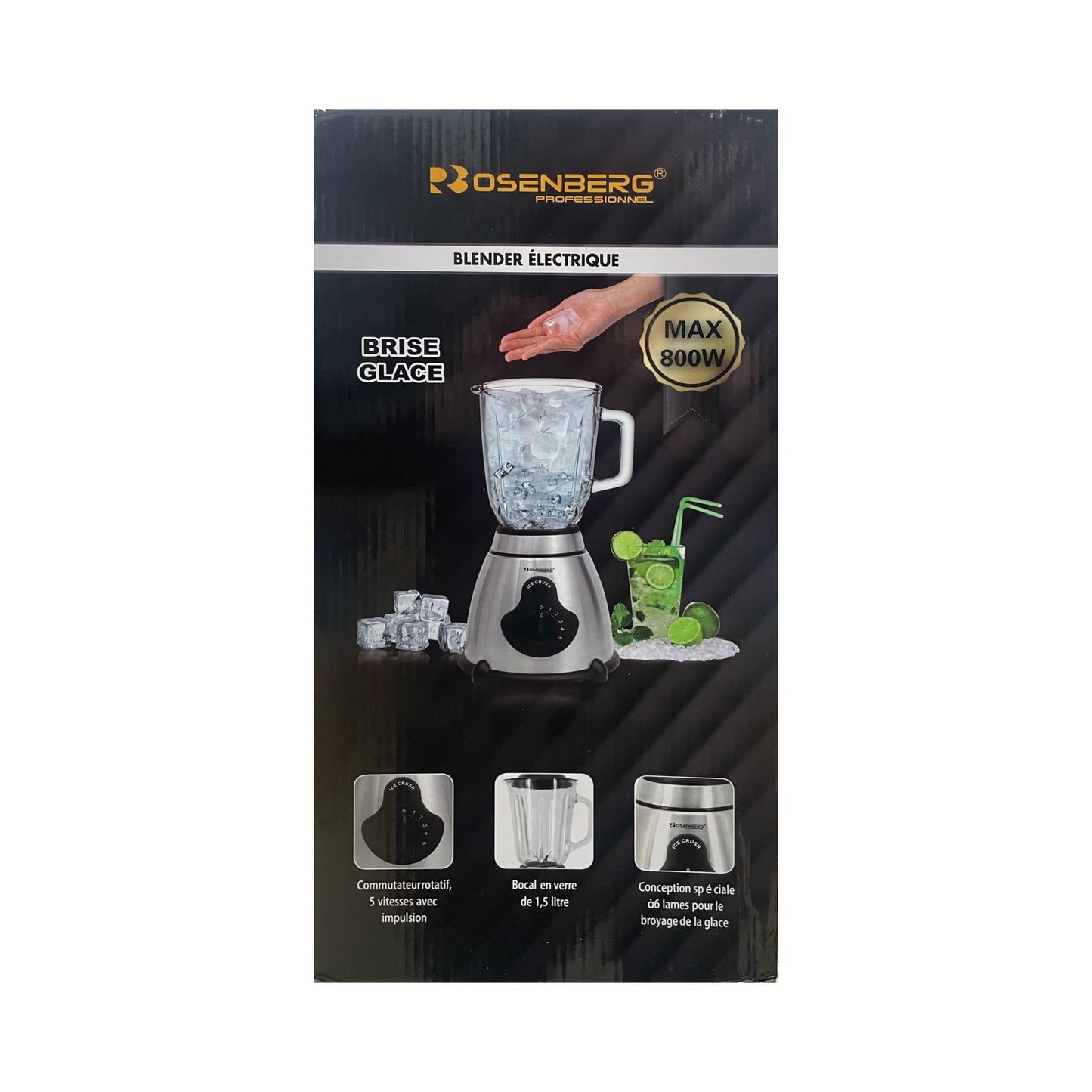 Blender packaging with product and features on a black background