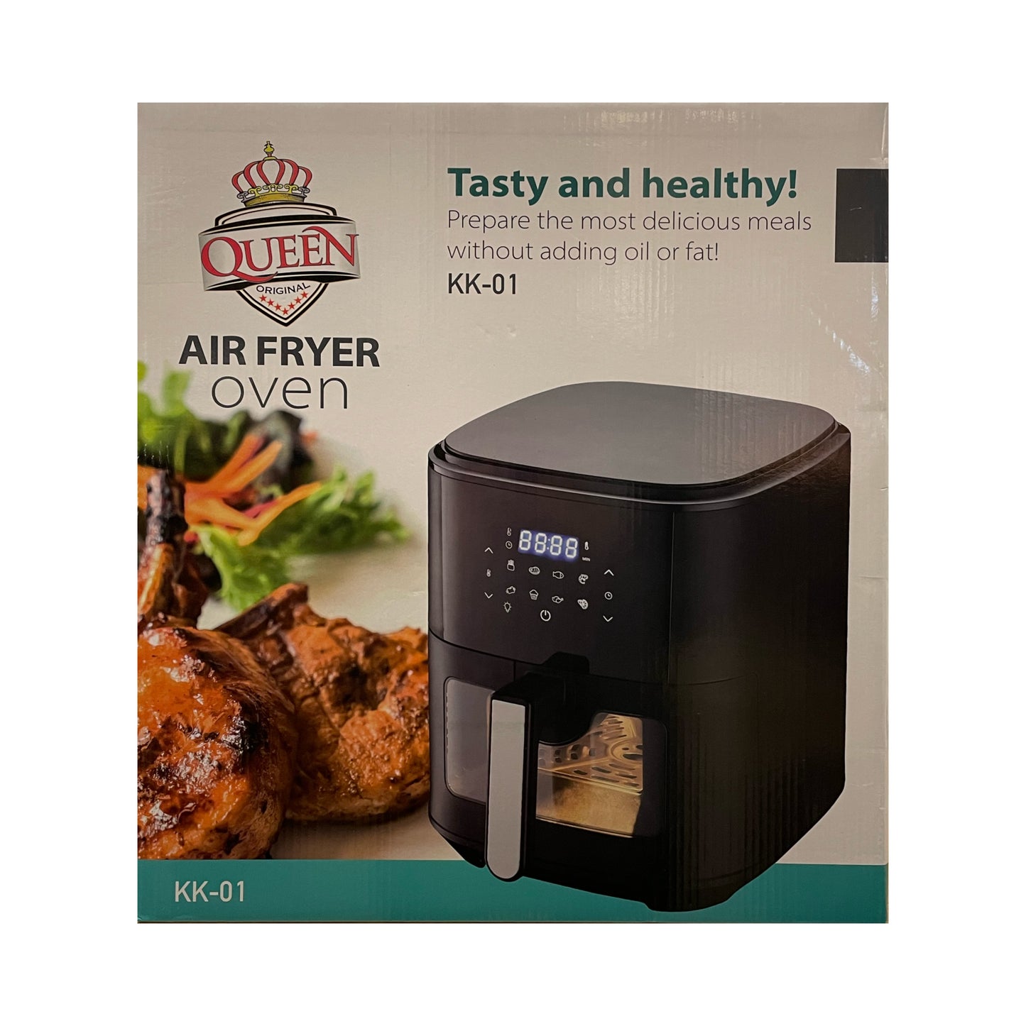 Box of Queen air fryer oven with images of food and text on a white background