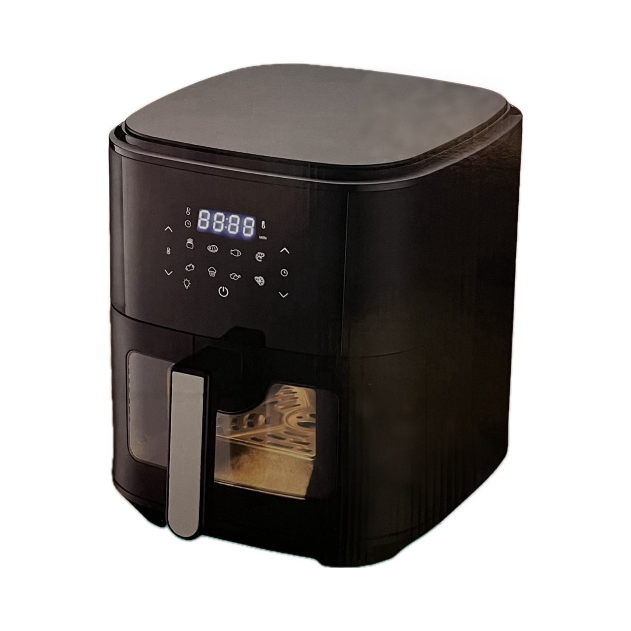 Black air fryer with digital display on a white background