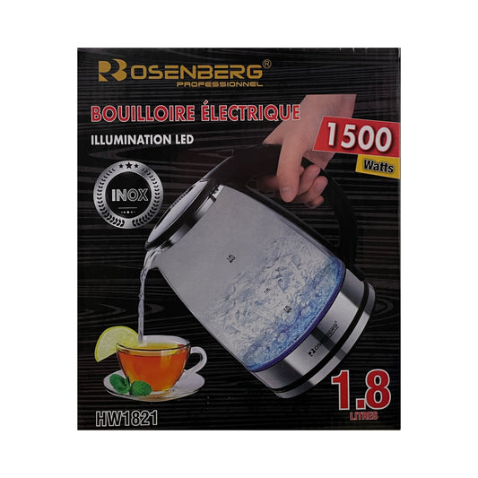 Rosenberg electric kettle packaging with product details on a black background