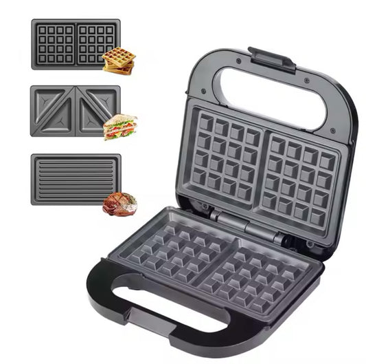 Multifunctional waffle maker with various attachments on a white background