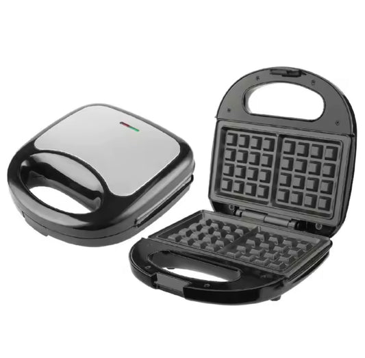 Black waffle maker with open lid on a white background