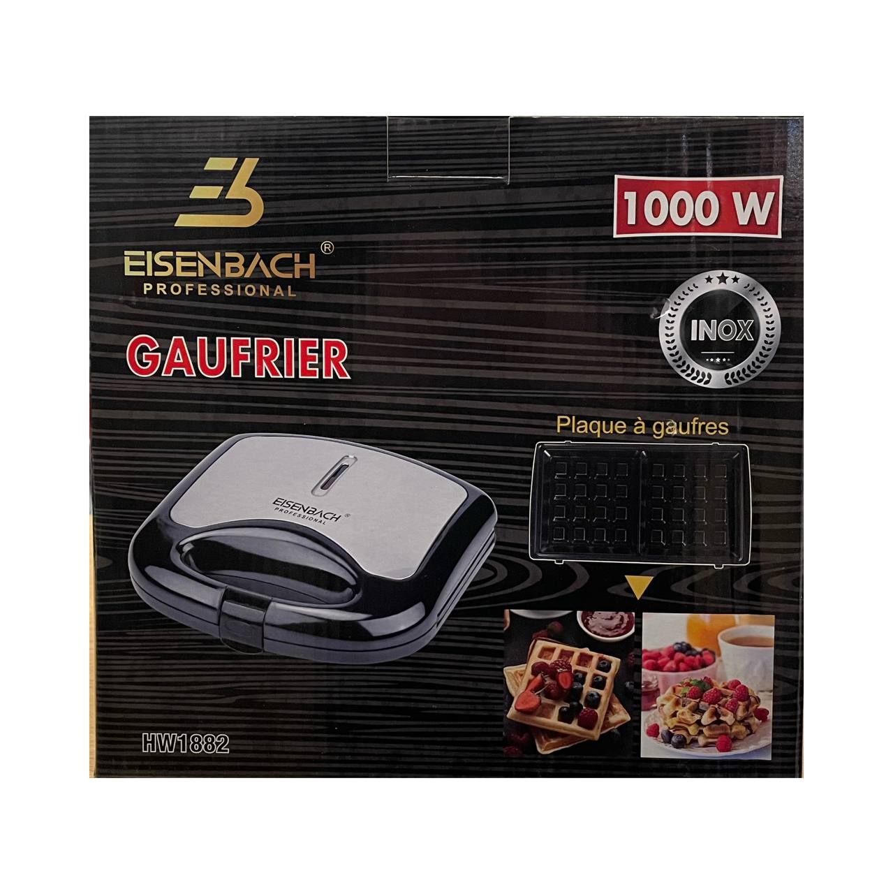 Eisenbach waffle maker packaging with product image and features on a black background