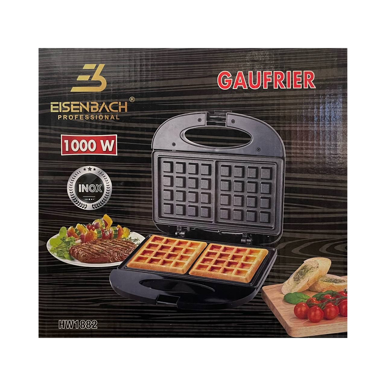Waffle maker with food items on a black background, featuring Eisenbach branding.