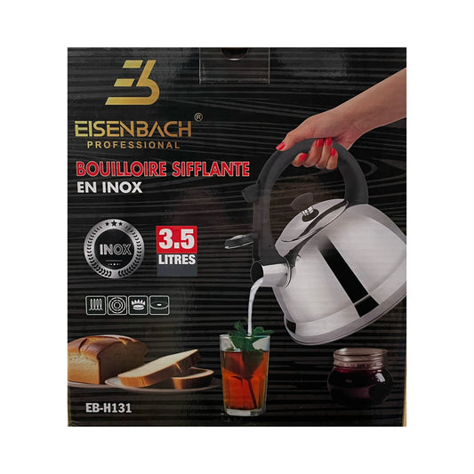 Eisenbach professional stainless steel whistling kettle packaging with a hand pouring tea.