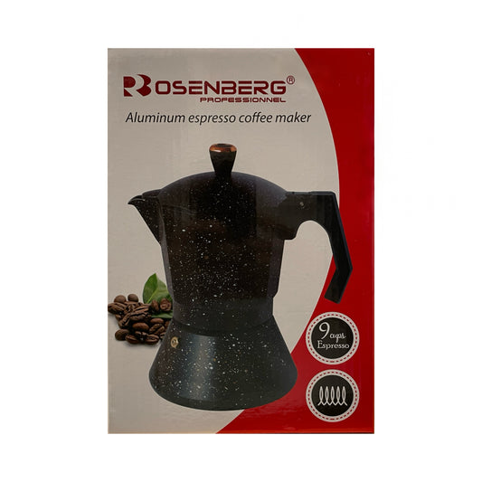 Rosenberg Aluminum espresso coffee maker packaging with a black coffee maker on a beige and red background.