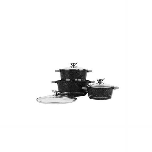 Set of black cookware with lids on a white background