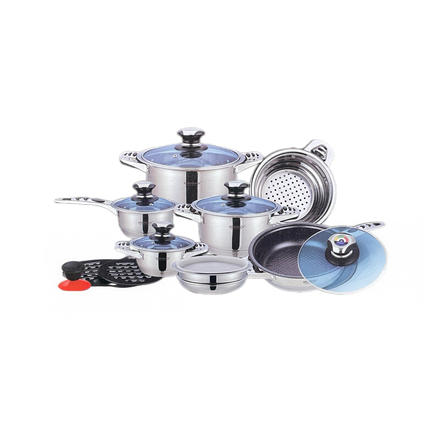 Set of stainless steel cookware with lids on a white background