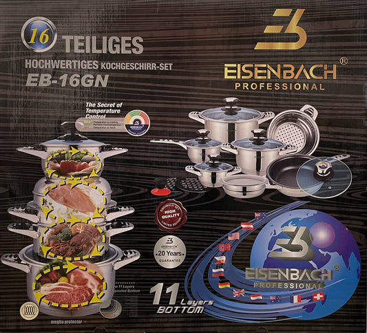 Eisenbach professional cookware set with branding and product details on a dark background