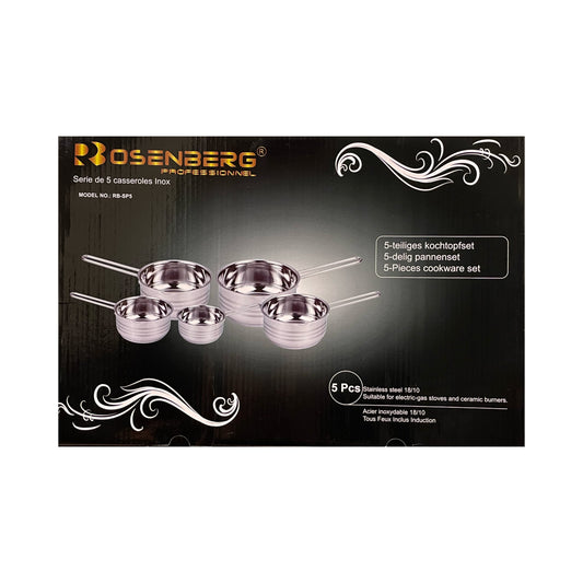 Packaging of Rosenberg cookware set with five pieces on a black background