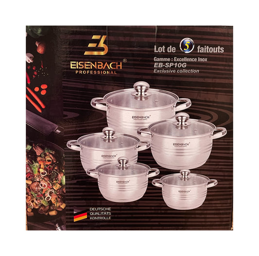 Eisenbach professional cookware set packaging with pots and lids on a dark background