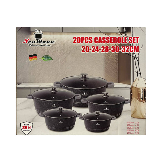 Set of black casseroles with lids on a kitchen counter, featuring the Neu Mann brand.