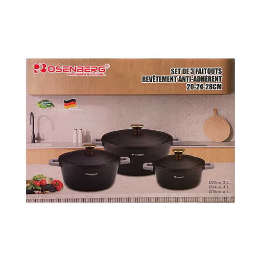 Rosenberg cookware set packaging with three black pots on a kitchen background