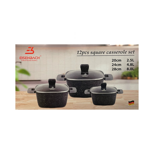 Eisenbach professional 12-piece square casserole set packaging with three casseroles on a wooden surface.