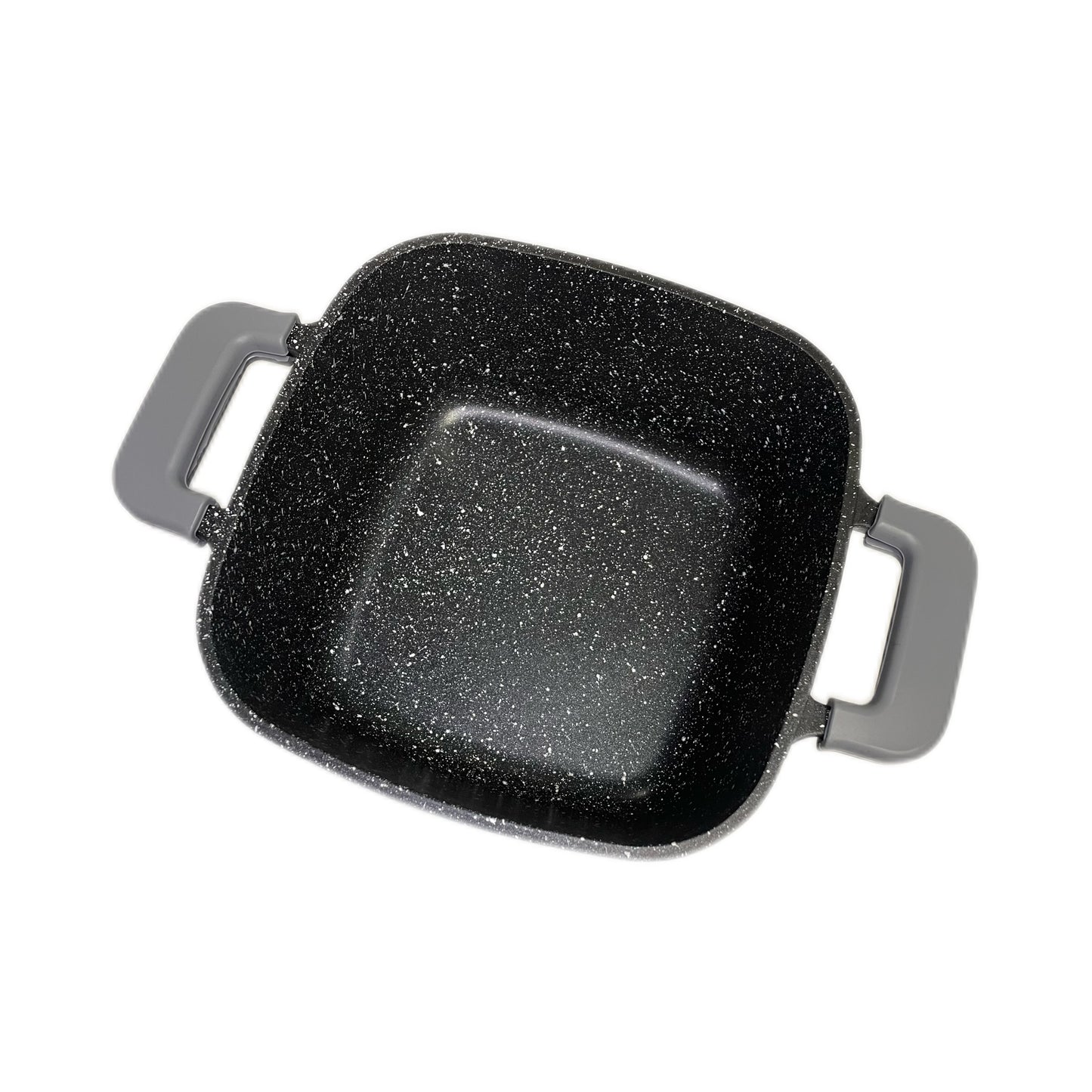 Black speckled grill pan with handles on a white background