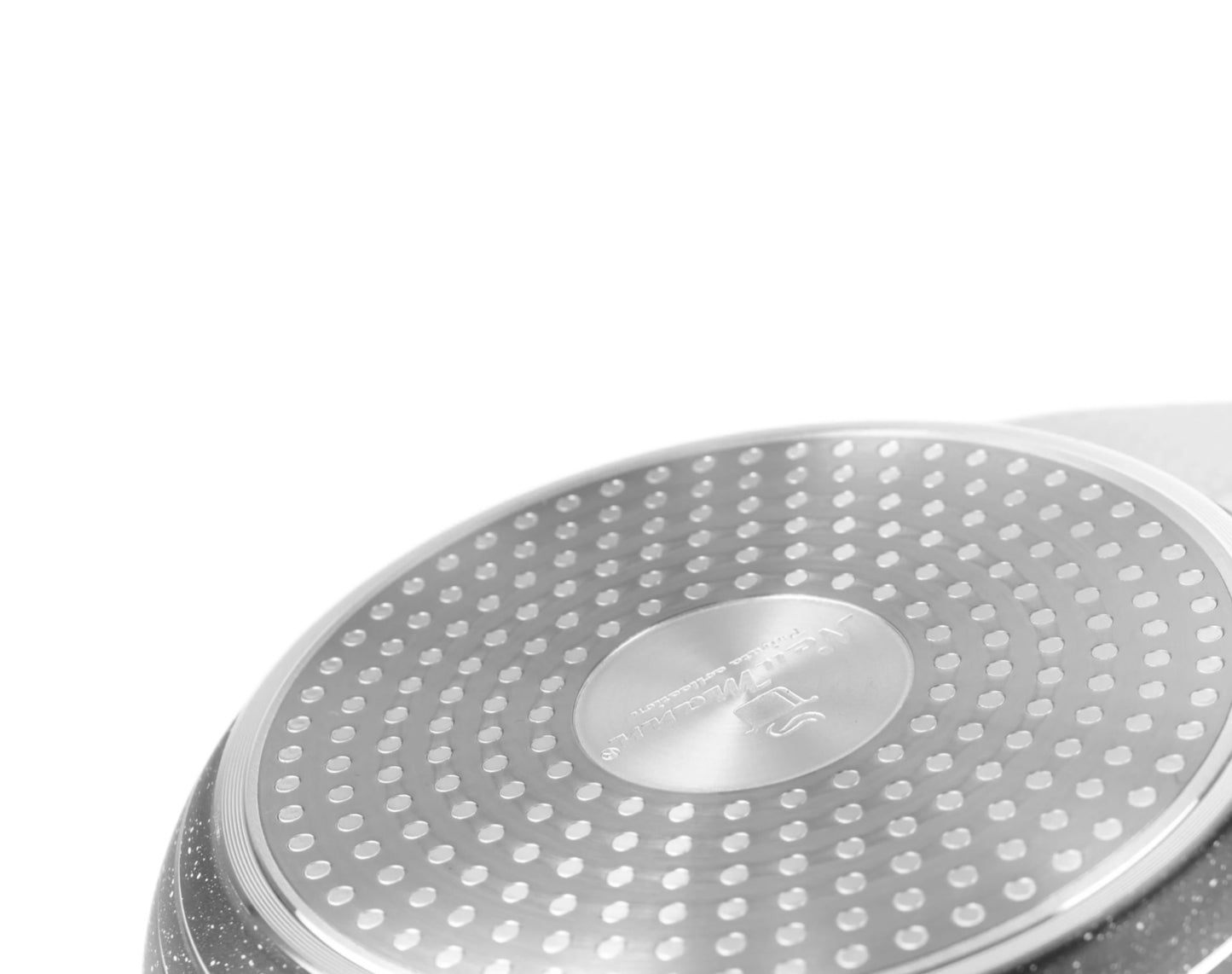 Round metallic object with a textured surface and a brand logo on a white background