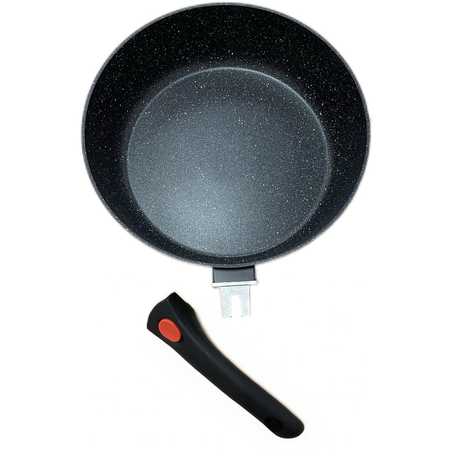 Frying pan with speckled non-stick surface and black handle on a white background
