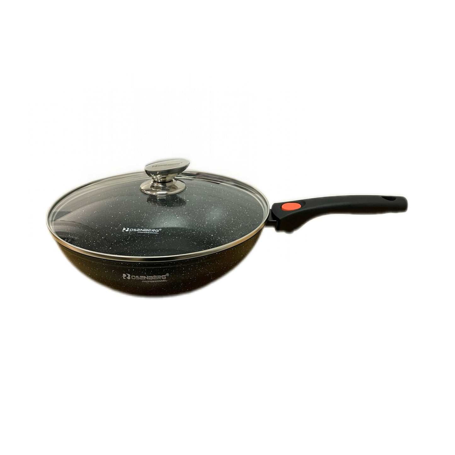 Black WOK frying pan with glass lid on a white background