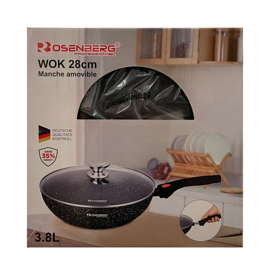 Rosenberg wok pan packaging with a kitchen background