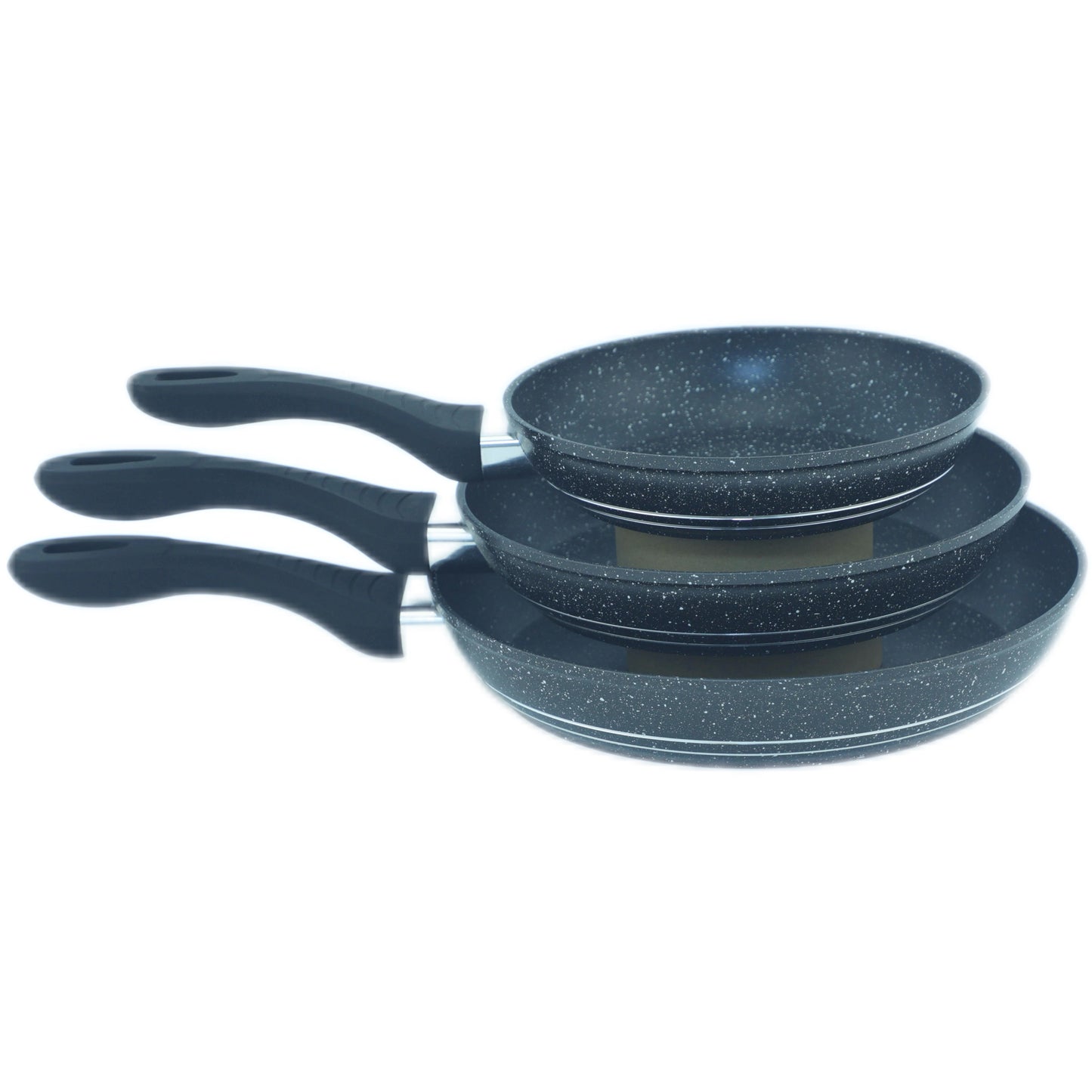 Set of three dark blue speckled frying pans on a white background