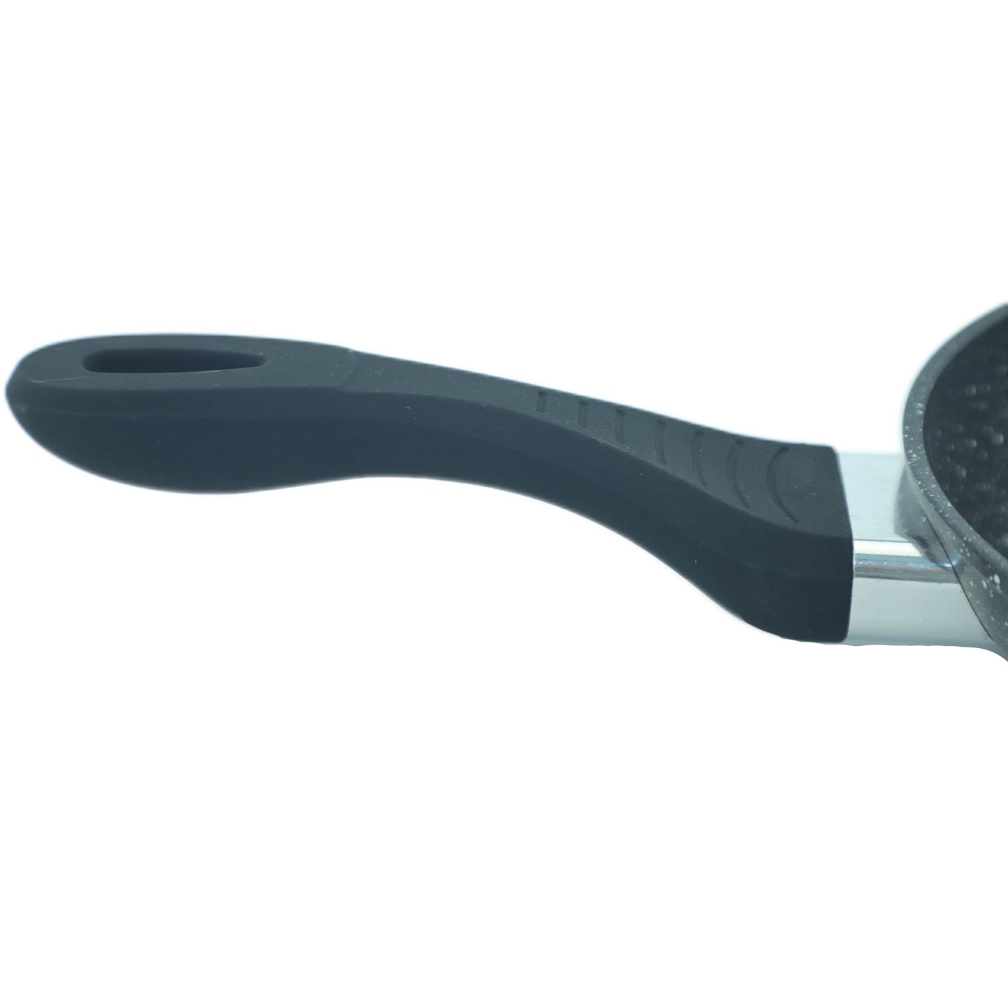 Pot handle with black silicone grip on a white background