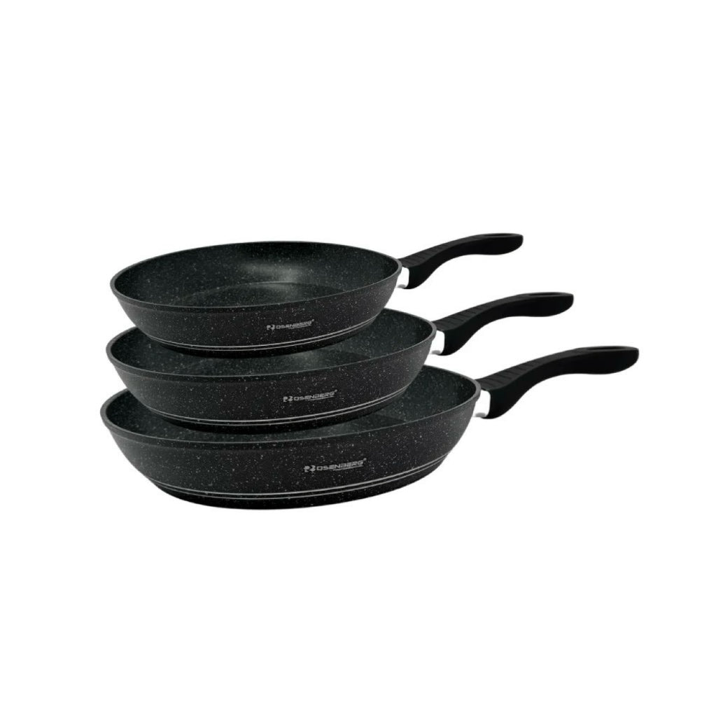 Set of three black frying pans with handles on a white background