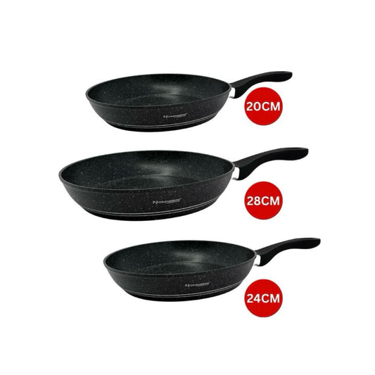 Three black frying pans with measurements on a white background