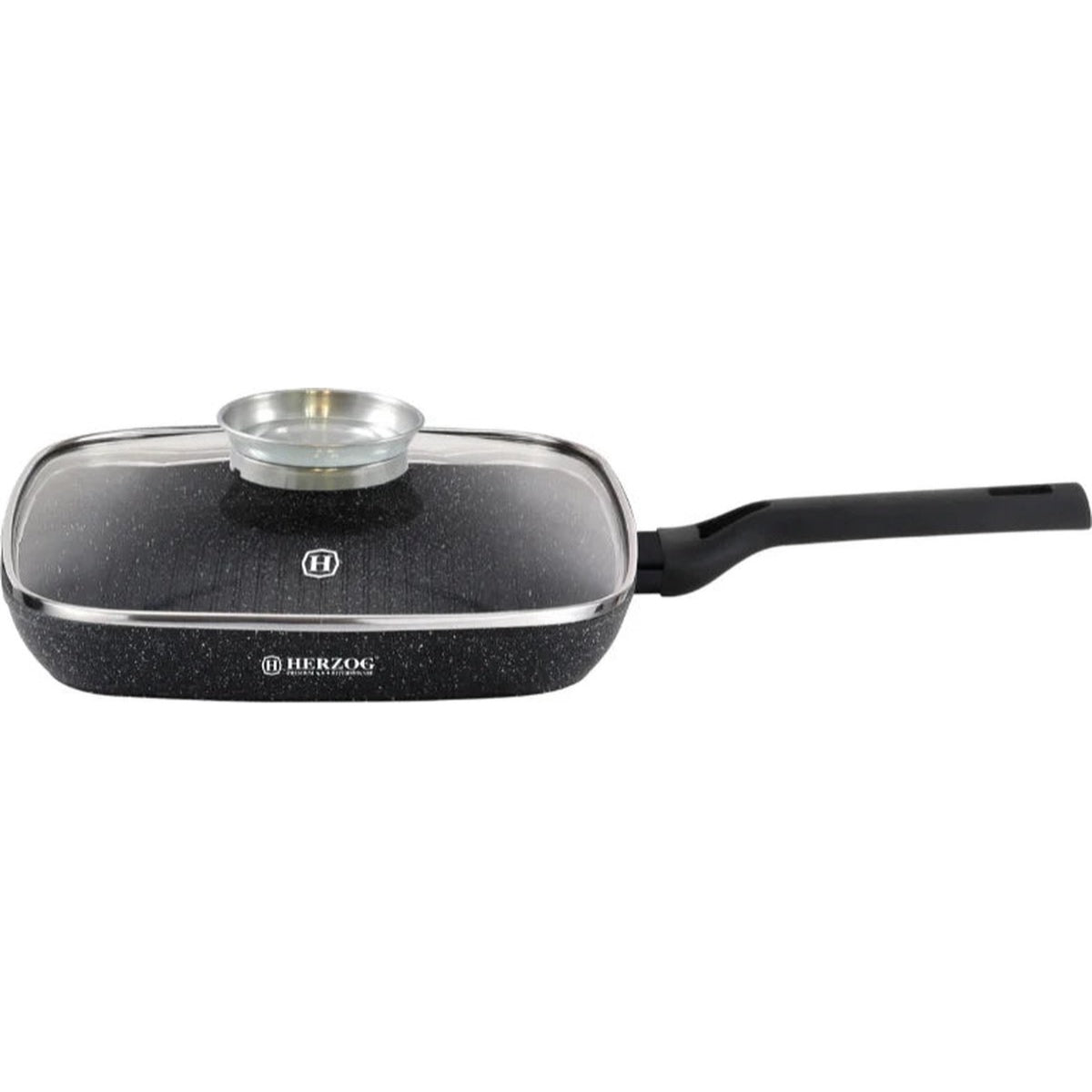 Square frying pan with glass lid on a white background, featuring the Herzog brand.