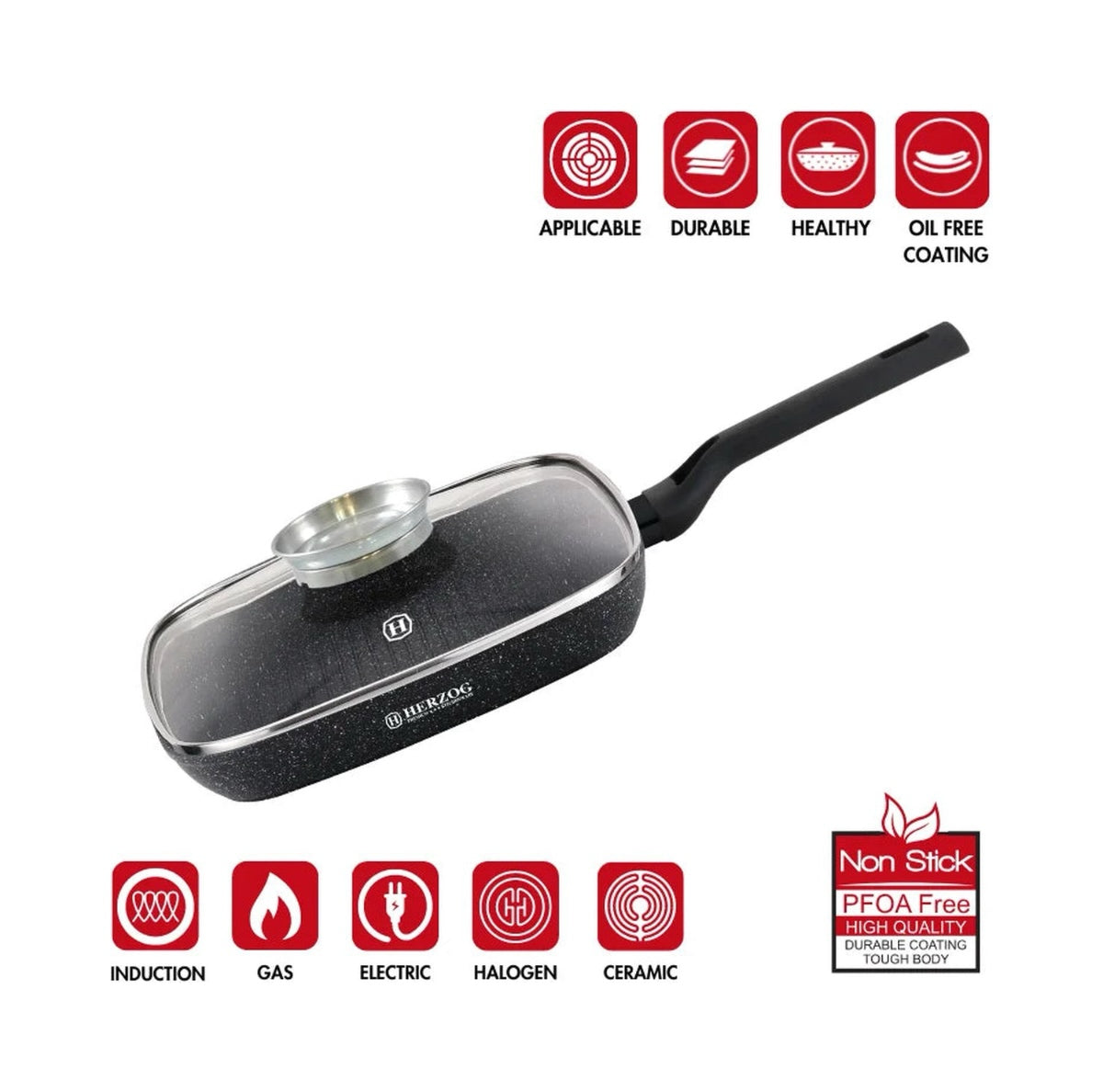Frying pan with brand logo on a white background, featuring various icons and text about the product's features.
