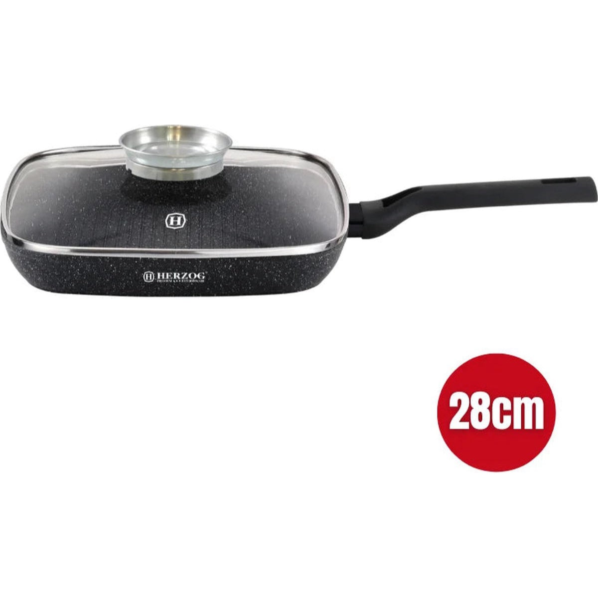 Black square frying pan with handle andHERZOG logo on a white background