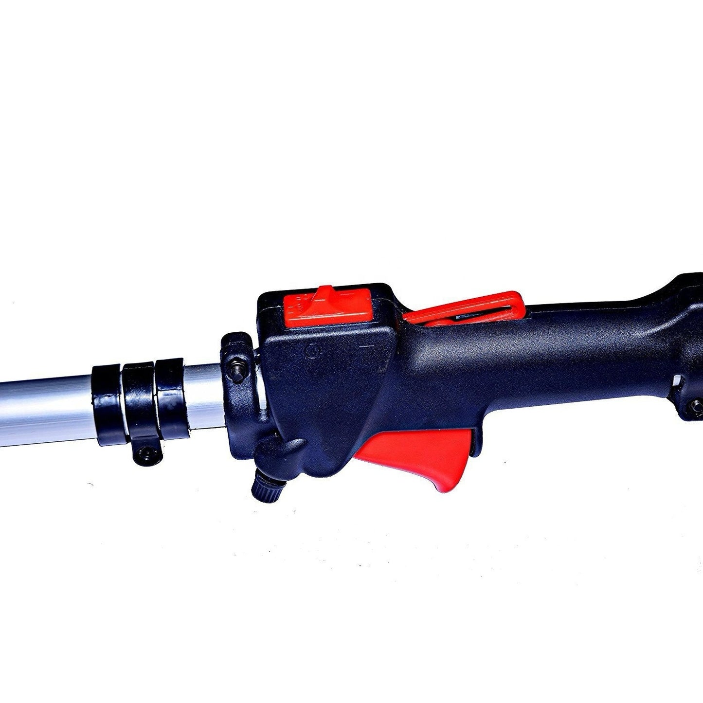 Close-up of a black and red hose nozzle on a white background